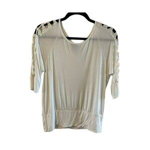 Iz byer Womens White 3/4 open crochet lace detail sleeve L banded waist stretch